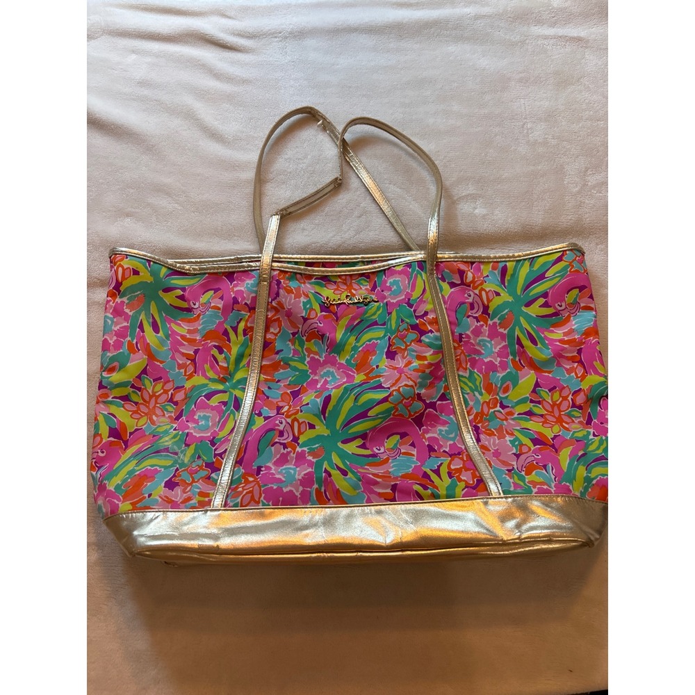 Lilly Pulitzer Floral Flamingo Tote Bag Gold Trim Pink Orange Green Large